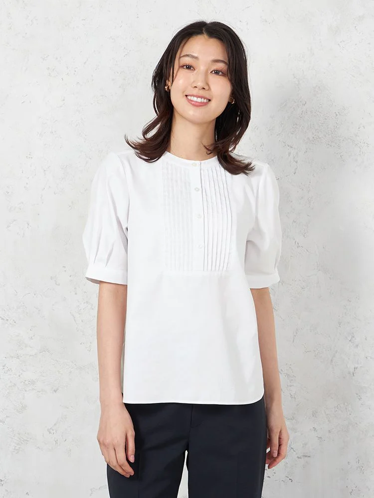 ホワイト 【UVカット】半袖 ピンタックブラウス 遮熱 透け防止 形態